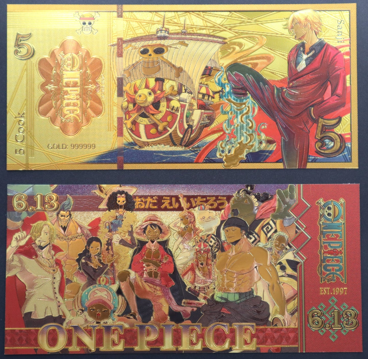 One Piece Full Colour Collectible Golden Foil Banknote