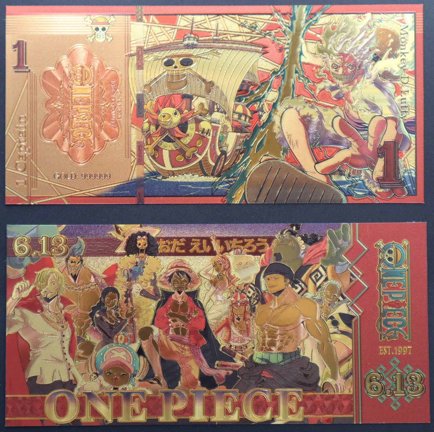 One Piece Full Colour Collectible Golden Foil Banknote