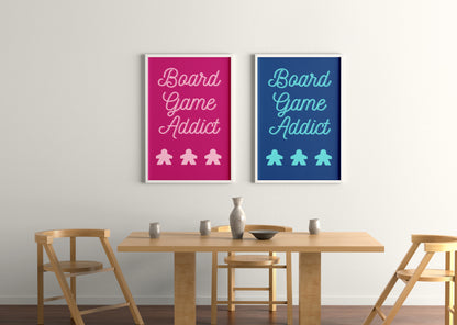 Board Games Addict | Funny Gaming Wall Art Print | Funny Home Decor Poster| Blue Games Room Sign | Game lover | Rolled Poster