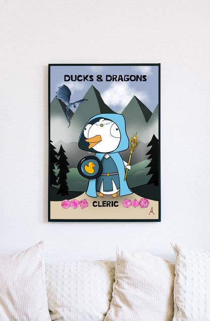 D&D Ducks And Dragons Cleric | Funny DnD Wall Art Print | Funny Home Decor Poster| Games Room Sign | Game lover | Rolled Poster