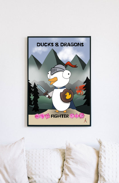 D&D Ducks And Dragons Fighter | Funny DnD Wall Art Print | Funny Home Decor Poster| Games Room Sign | Game lover | Rolled Poster
