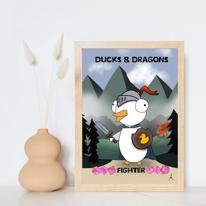 D&D Ducks And Dragons Fighter | Funny DnD Wall Art Print | Funny Home Decor Poster| Games Room Sign | Game lover | Rolled Poster